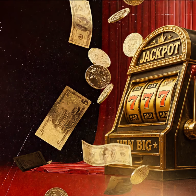 A classic golden slot machine showing a winning triple seven lucky jackpot with falling cash at Grailbet casino