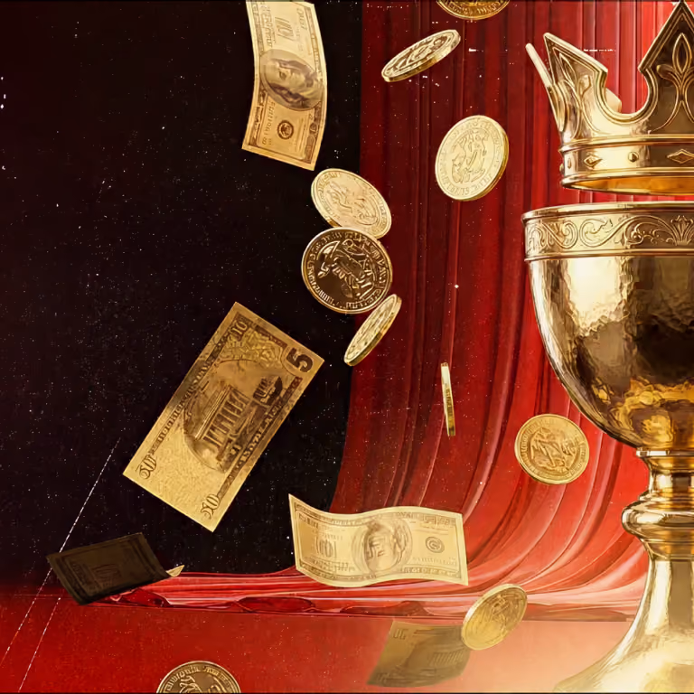 A large golden goblet with a royal crown resting beside it, surrounded by falling gold coins and cash notes at Grailbet casino