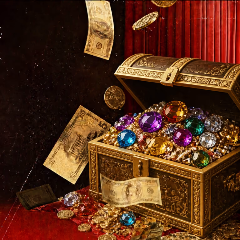 An antique golden treasure chest overflowing with glittering colorful gems, diamonds, and cash at Grailbet casino
