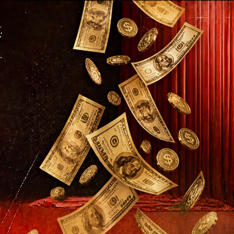 A shower of falling golden coins and US dollar bills cascading against a rich red curtain backdrop at Grailbet casino