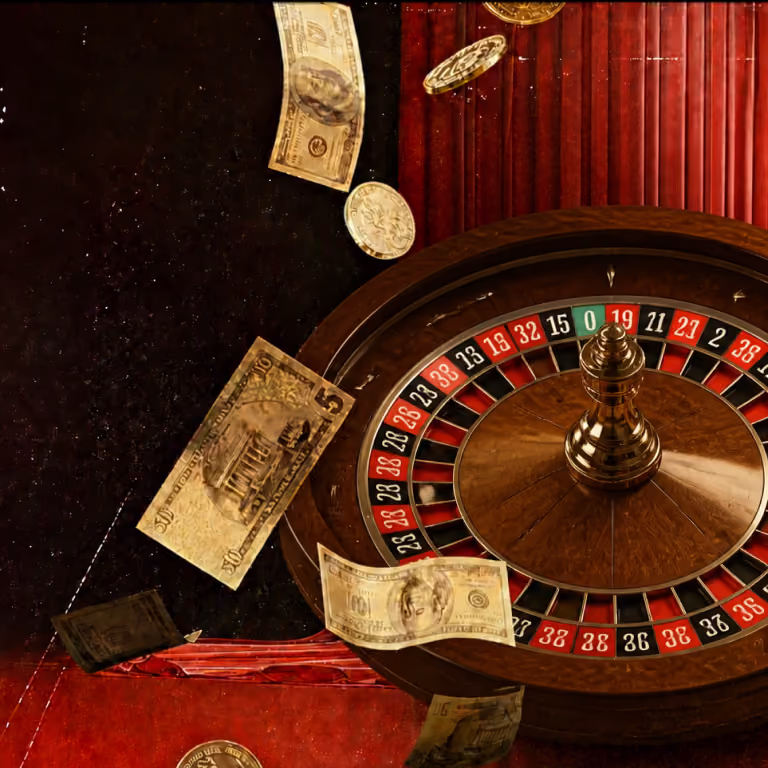 A classic wooden casino roulette wheel spinning with winning cash notes scattered around it at Grailbet casino