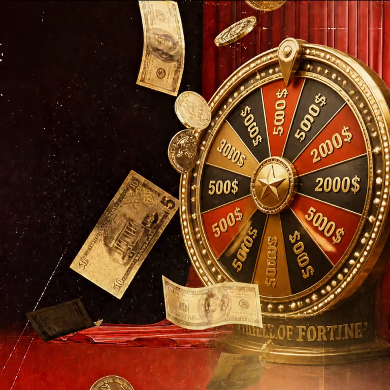 A golden Wheel of Fortune luxury prize wheel labeled with dollar amounts next to falling cash at Grailbet casino