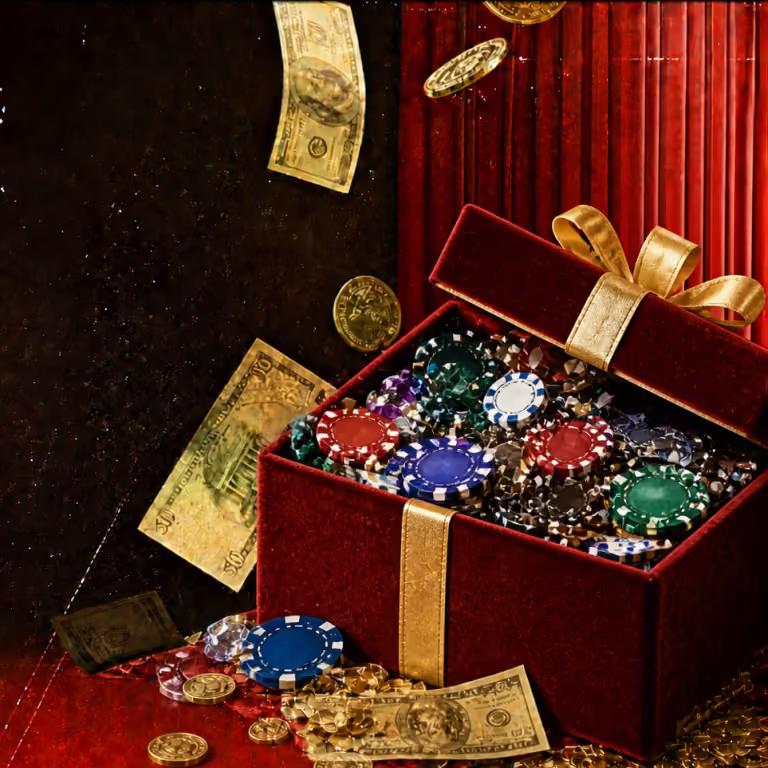 An open velvet red gift box overflowing with colorful casino poker chips and cash on a table at Grailbet casino